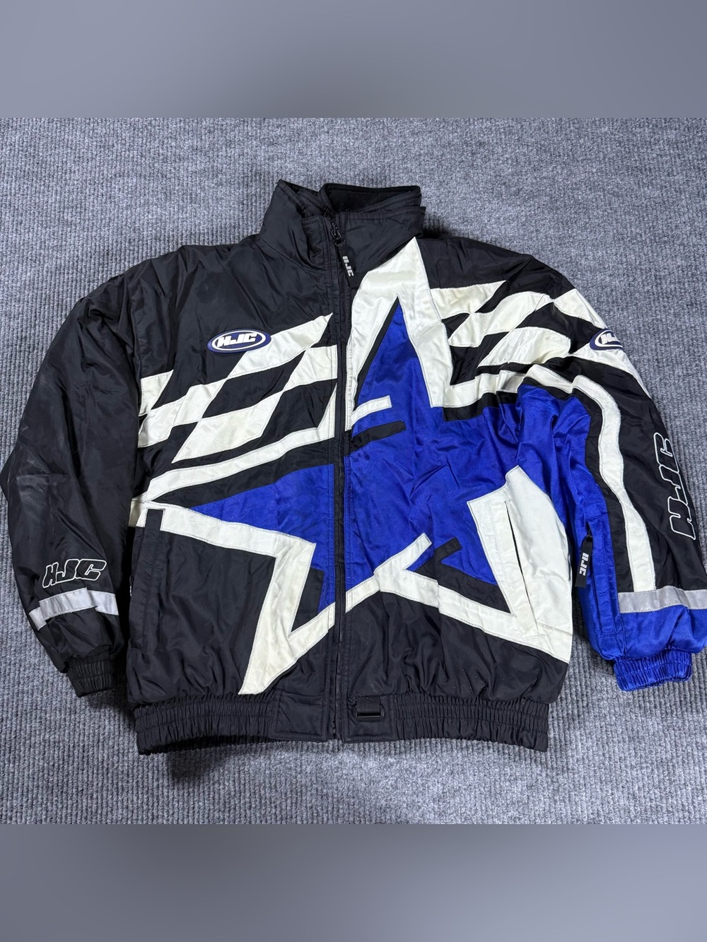 HJC Racing Star Moto Jacket Mens XL Black Blue Silver Vintage Y2K Motorcycle